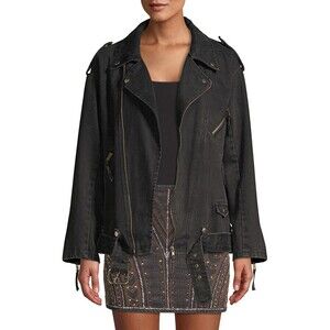 The Kooples Jeans Beaded Denim Moto Jacket In Distress Black Size 2 Medium $560